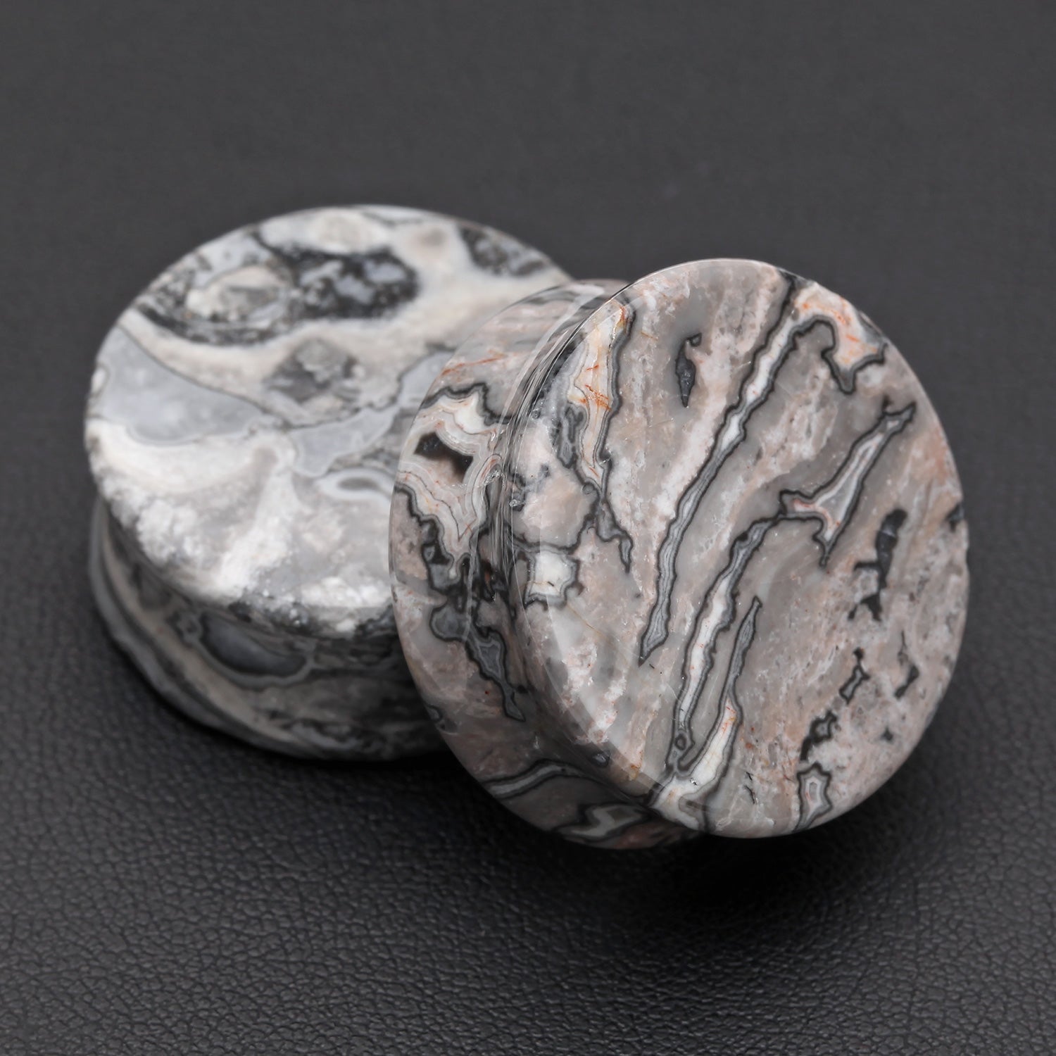 Detail View 1 of A Pair of Wavy Jasper Stone Double Flared Ear Gauge Plug-Black
