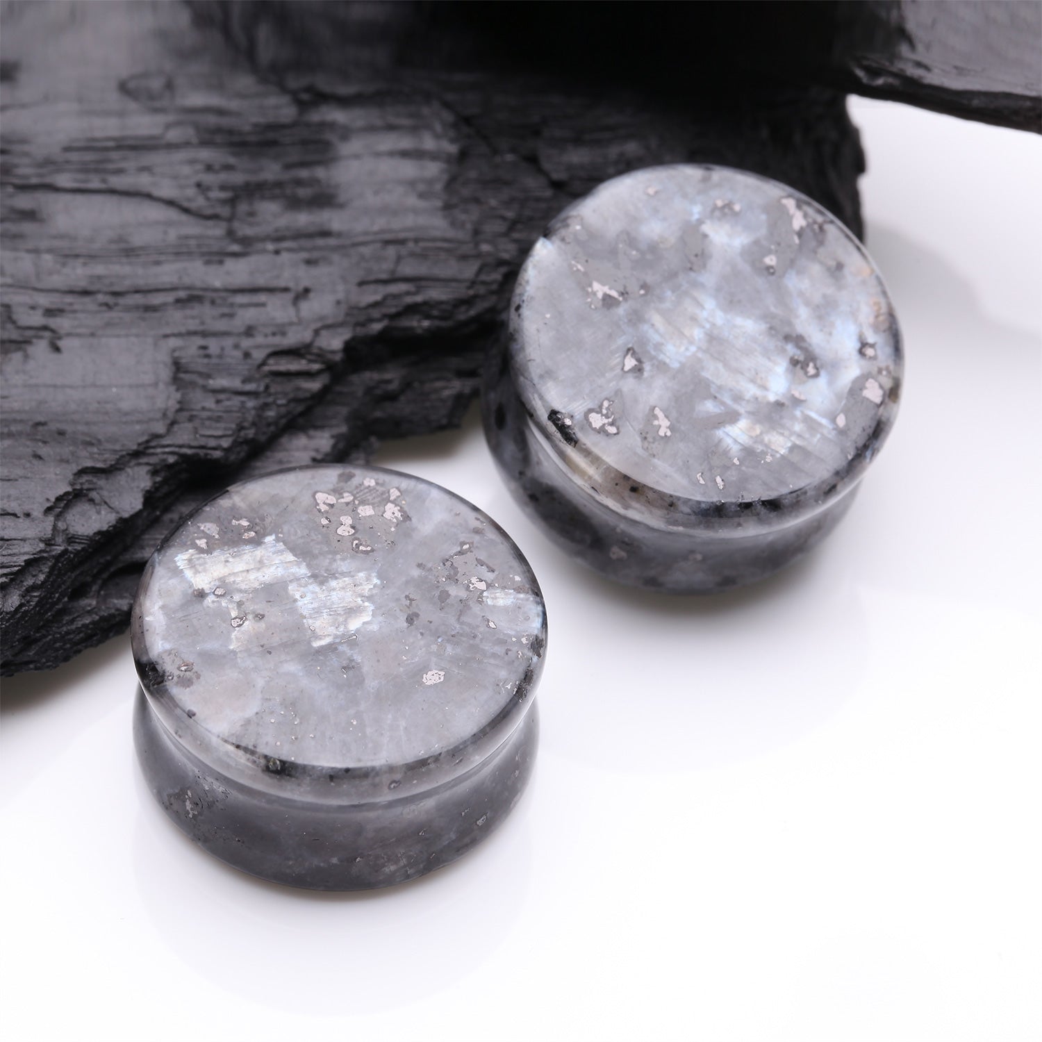 Detail View 1 of A Pair of Black Labradorite Stone Double Flared Plug