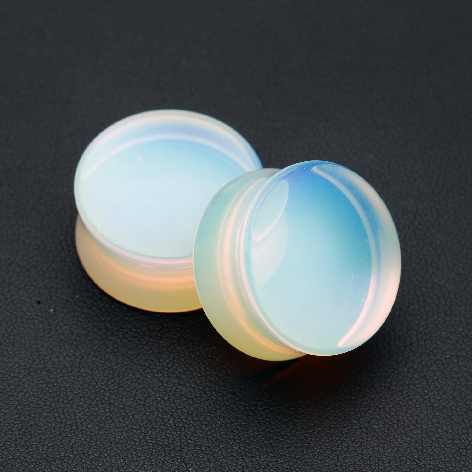 Detail View 1 of A Pair of Opalite Stone Double Flared Ear Gauge Plug-Clear Gem/White