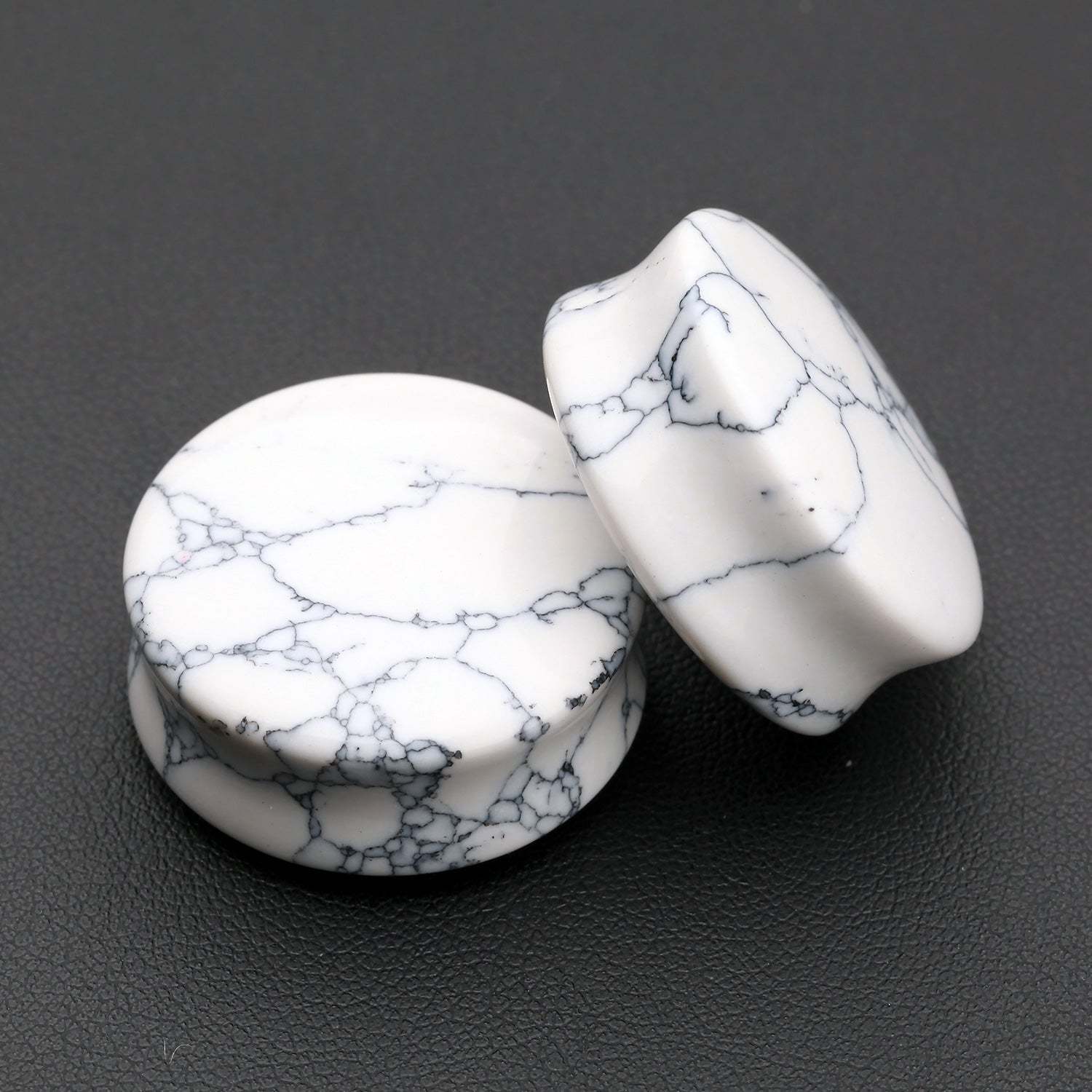 Detail View 1 of A Pair of White Howlite Stone Double Flared Ear Gauge Plug-Clear Gem/White