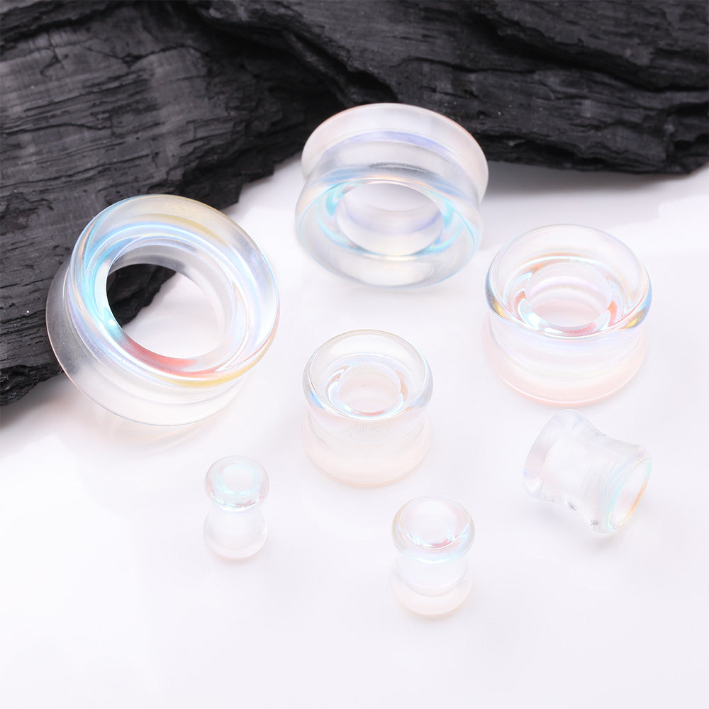 Detail View 2 of A Pair of Aurora Borealis Iridescent Glass Double Flared Tunnel Plug