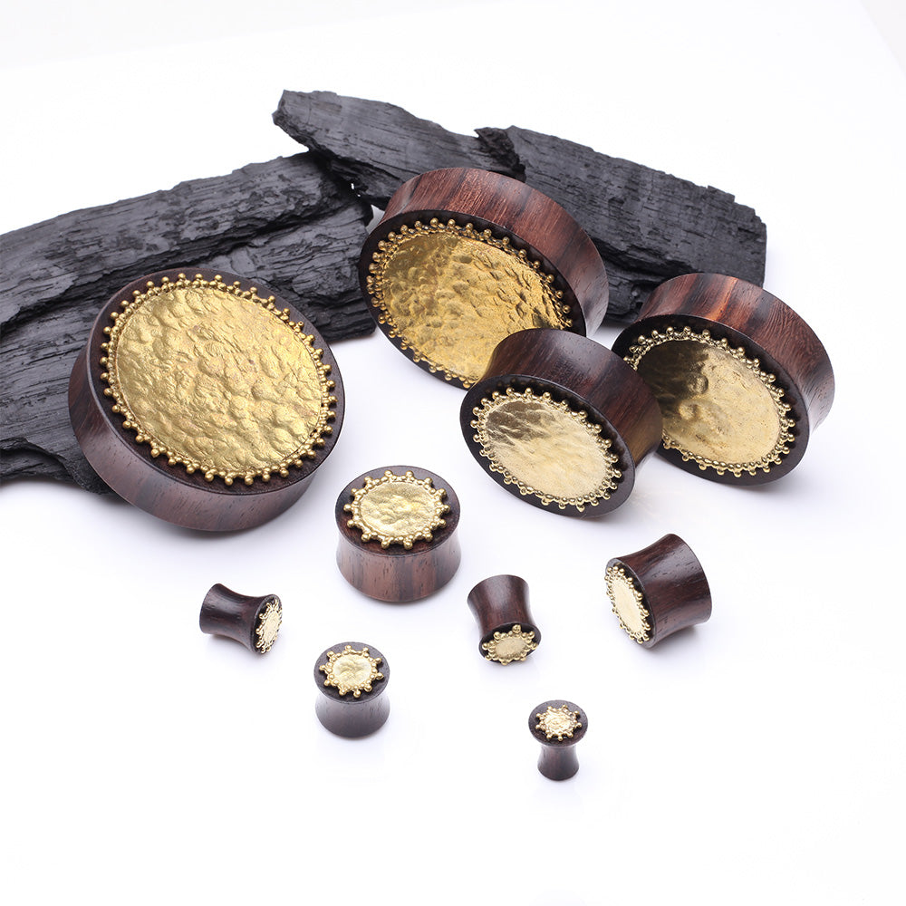 Detail View 2 of A Pair of Bali Cax Hammered Golden Brass Sono Rosewood Double Flared Plug