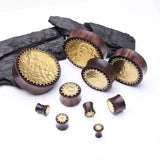 Detail View 2 of A Pair of Bali Cax Hammered Golden Brass Sono Rosewood Double Flared Plug