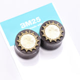 Detail View 3 of A Pair of Bali Cax Hammered Golden Brass Sono Rosewood Double Flared Plug