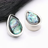 Detail View 1 of A Pair of White Brass Bali Abalone Inlay Teardrop Double Flared Plug