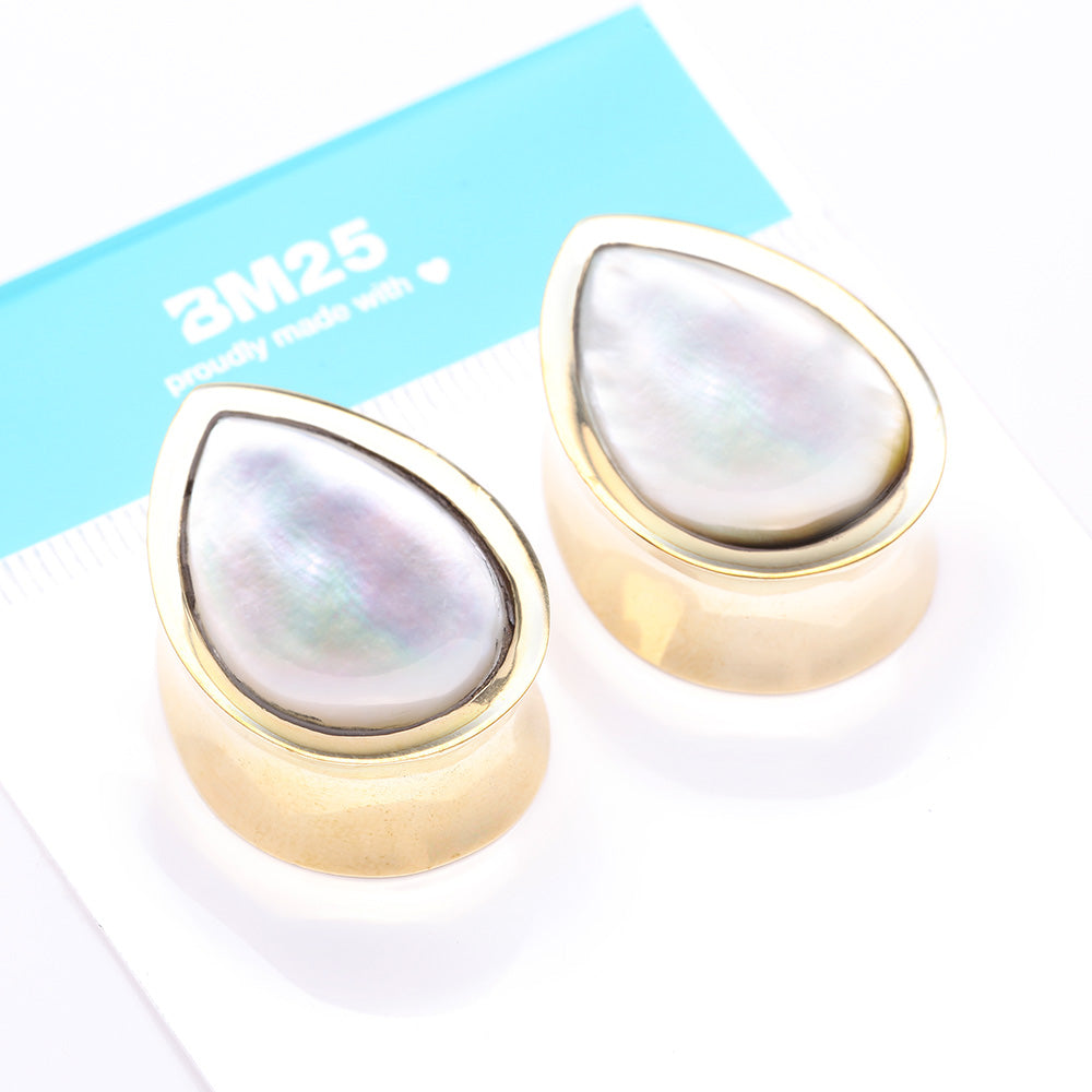 Detail View 4 of A Pair of Golden Brass Bali Mother of Pearl Inlay Teardrop Double Flared Plug