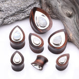Detail View 2 of A Pair of White Brass Moonstone Arang Wood Teardrop Double Flared Plug