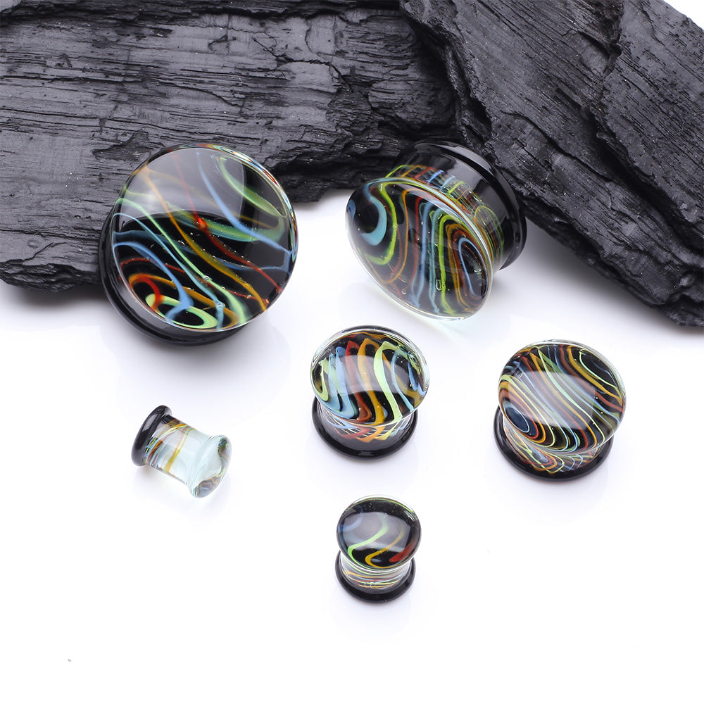 Detail View 2 of A Pair of Vibrant Rainbow Swirl Line Glass Double Flared Ear Gauge Plug