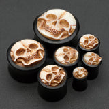 Detail View 2 of A Pair of Death Skull Organic Bone Inlay Buffalo Horn Ear Gauge Plug-Yellow