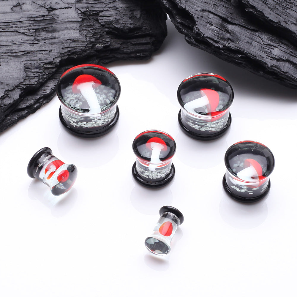 Detail View 2 of A Pair of Enchanted Red Mushroom Glow in the Dark Double Flared Glass Plug