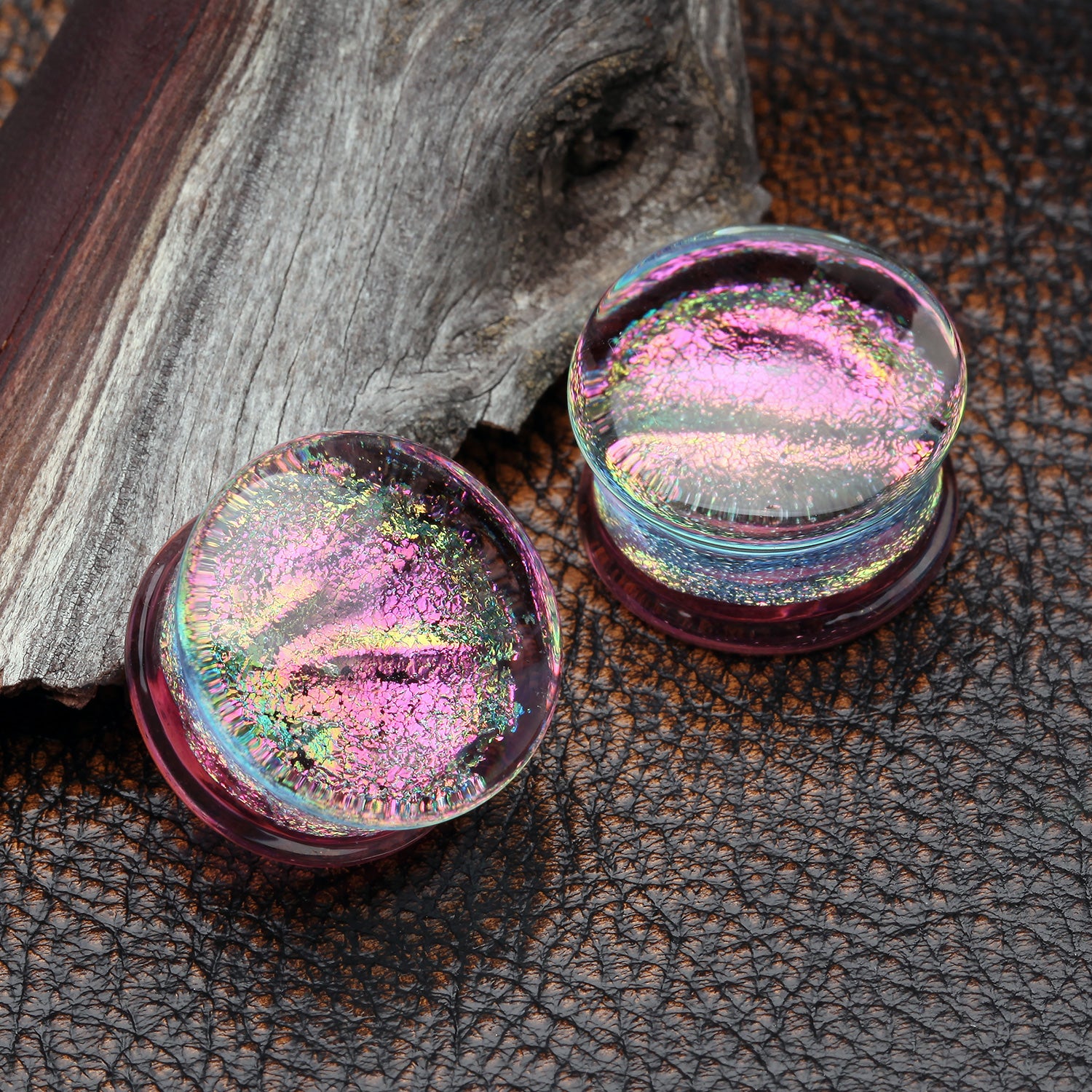 Detail View 1 of A Pair of Dichroic Glass Iridescent Double Flared Plug-Rainbow
