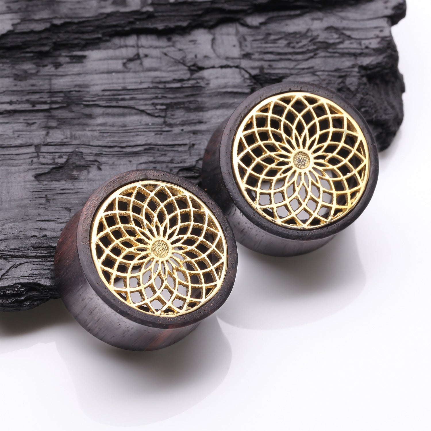 Detail View 1 of A Pair of Lotus Zen Bali Brass Rosewood Double Flared Tunnel Plug