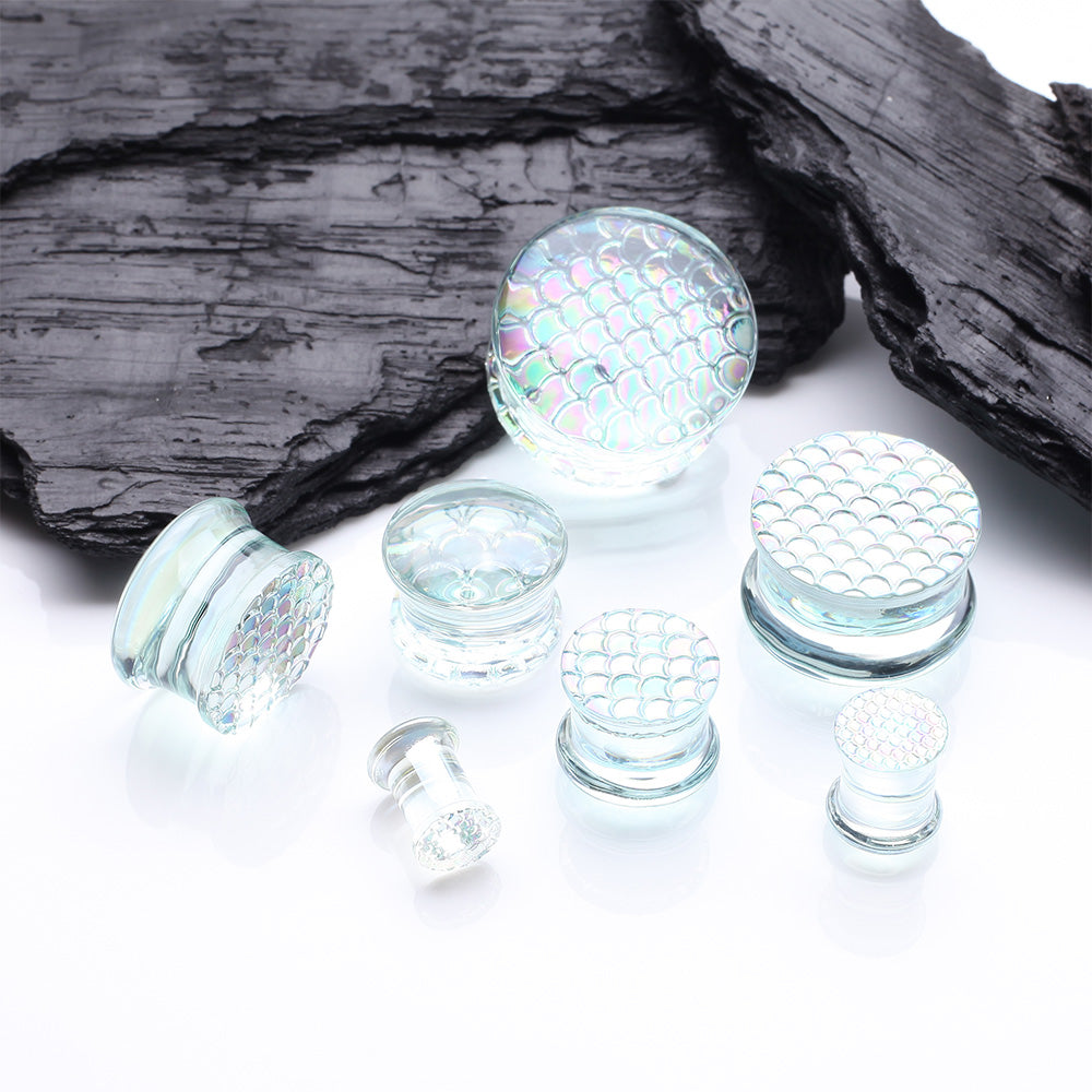 Detail View 2 of A Pair of Iridescent Aurora Mermaid Scale Glass Double Flared Plug