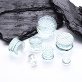 Detail View 2 of A Pair of Iridescent Aurora Mermaid Scale Glass Double Flared Plug