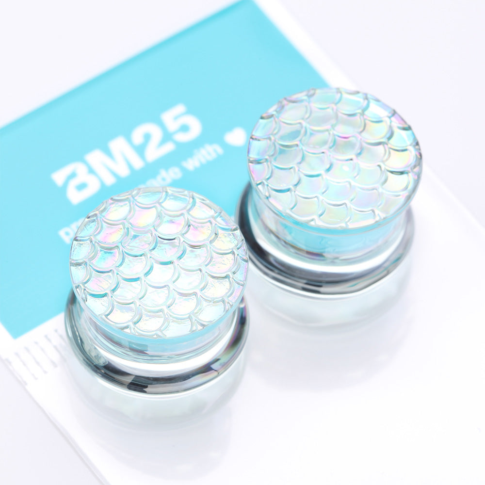 Detail View 3 of A Pair of Iridescent Aurora Mermaid Scale Glass Double Flared Plug