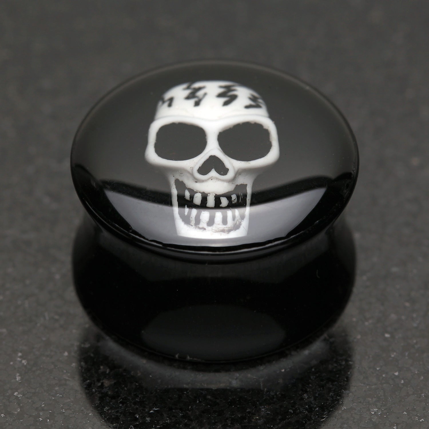 Detail View 1 of A Pair of Electro 3D Skull Resin Inlay Double Flared Ear Gauge Plug-Black
