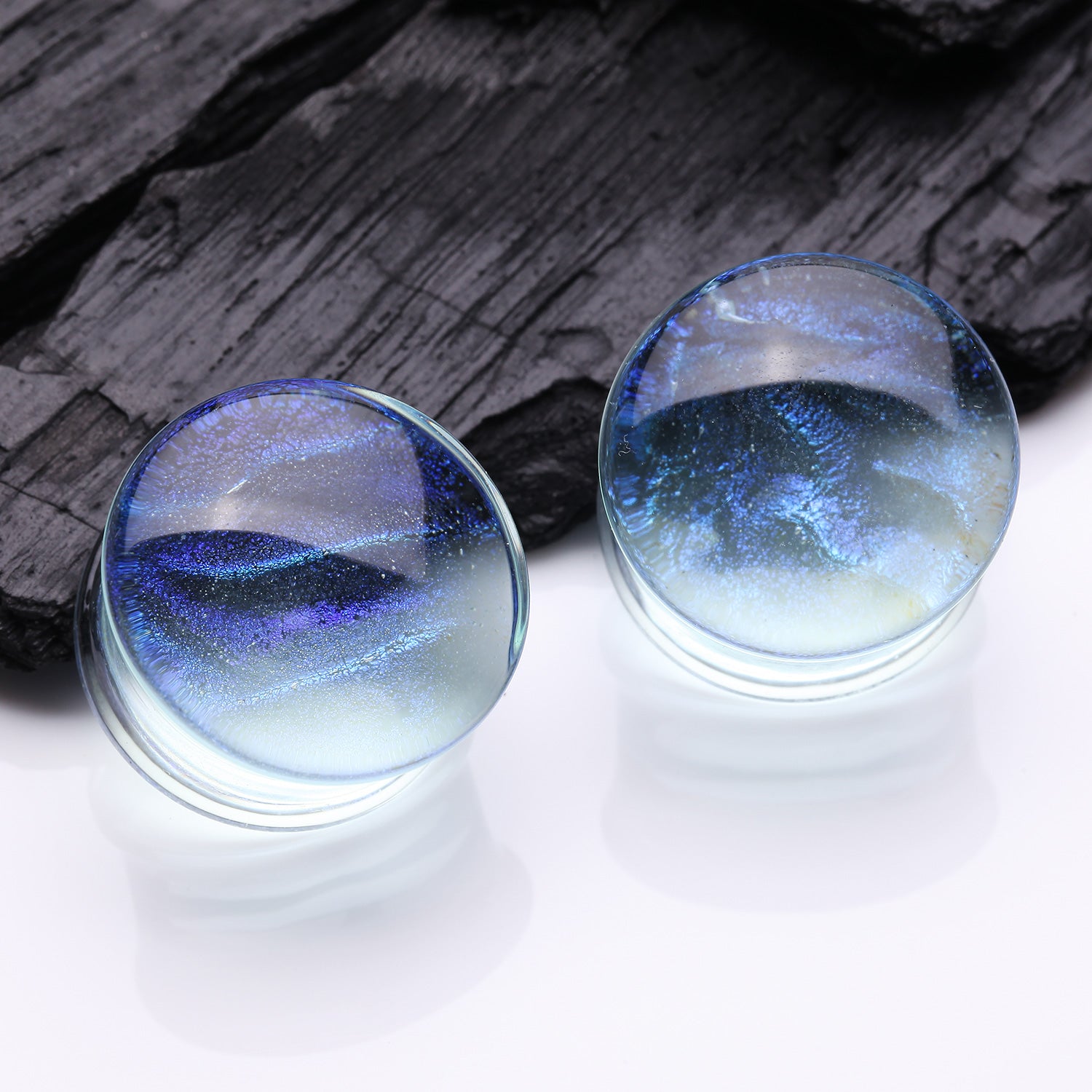 Detail View 1 of A Pair of Mystic Ocean Iridescent Glass Double Flared Plug