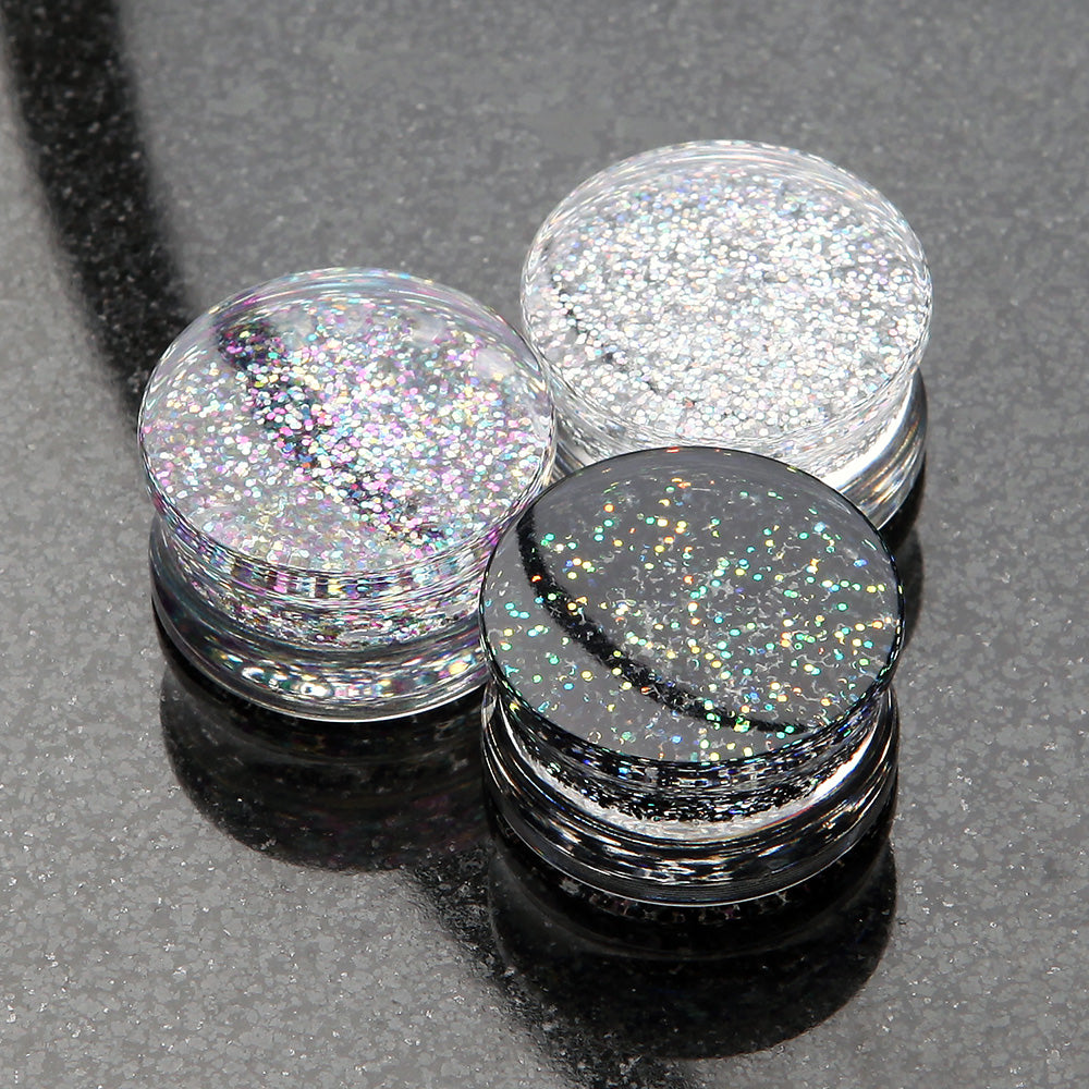 Detail View 3 of A Pair of Ultra Shine Glittered Double Flared Acrylic Ear Gauge Plug-Rainbow