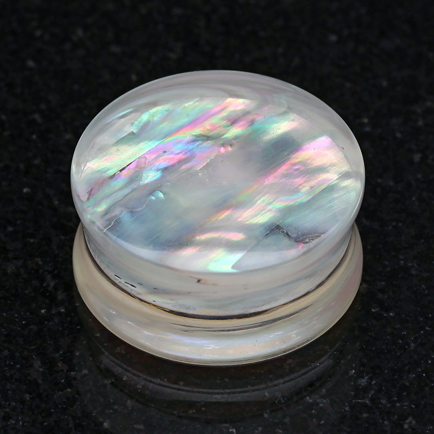 Detail View 1 of A Pair of Mother of Pearl Inlay Double Sided Ear Gauge Plug-Clear Gem/White