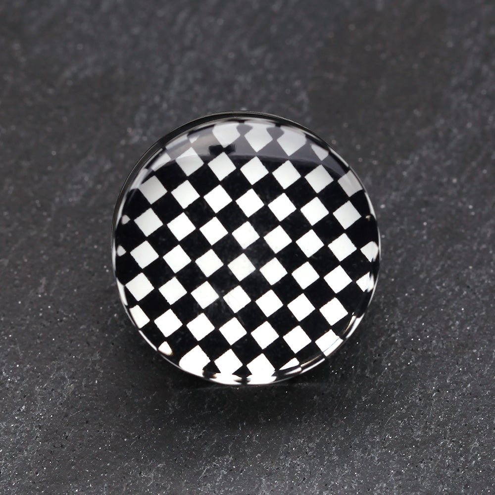 Detail View 2 of A Pair of Classic Checker Inlay Double Flared Ear Gauge Plug-Black