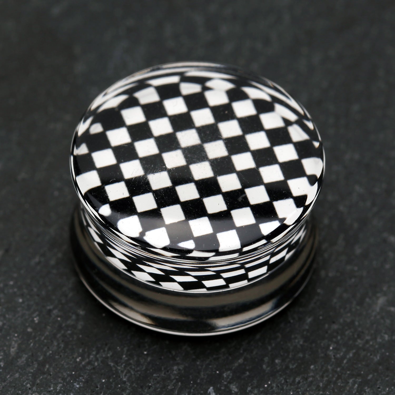 Detail View 1 of A Pair of Classic Checker Inlay Double Flared Ear Gauge Plug-Black