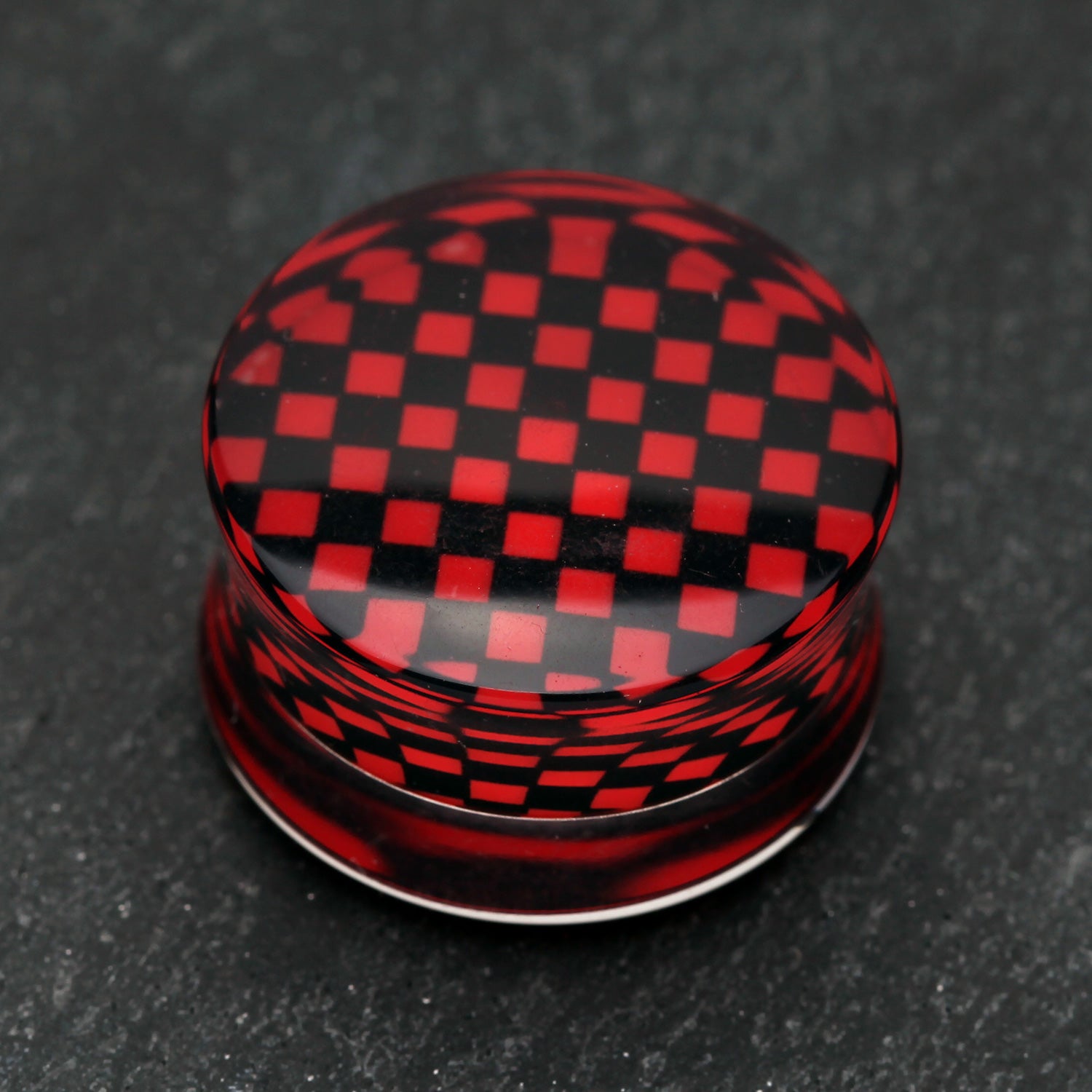 Detail View 1 of A Pair of Classic Checker Inlay Double Flared Ear Gauge Plug-Red