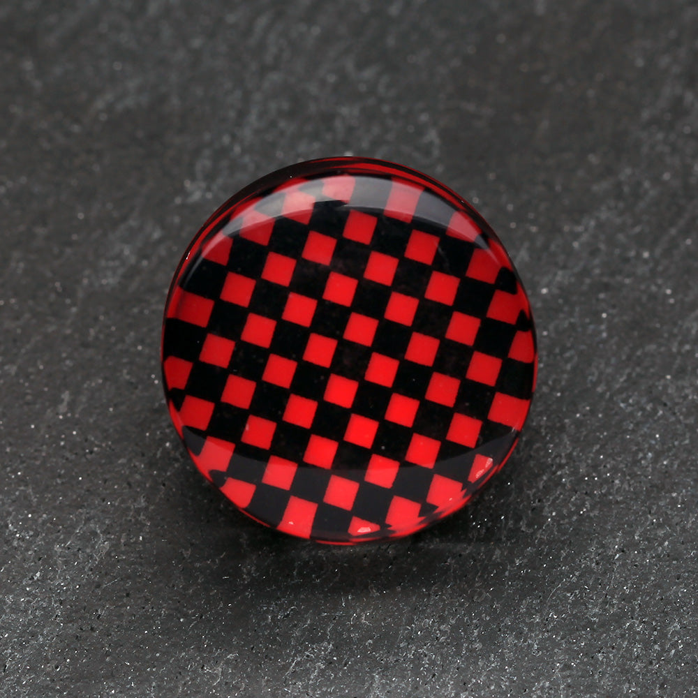 Detail View 2 of A Pair of Classic Checker Inlay Double Flared Ear Gauge Plug-Red