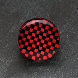 Detail View 2 of A Pair of Classic Checker Inlay Double Flared Ear Gauge Plug-Red