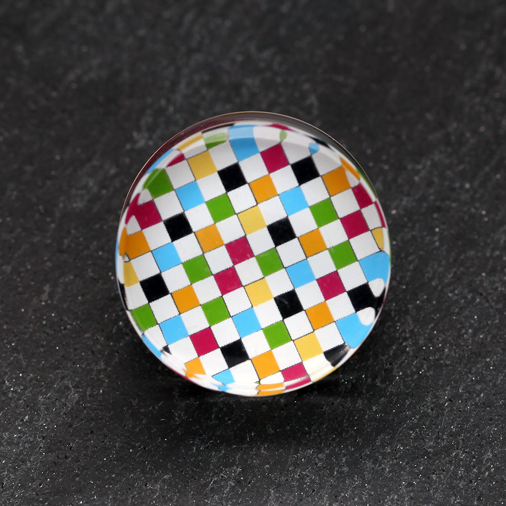 Detail View 2 of A Pair of Classic Checker Inlay Double Flared Ear Gauge Plug-Rainbow