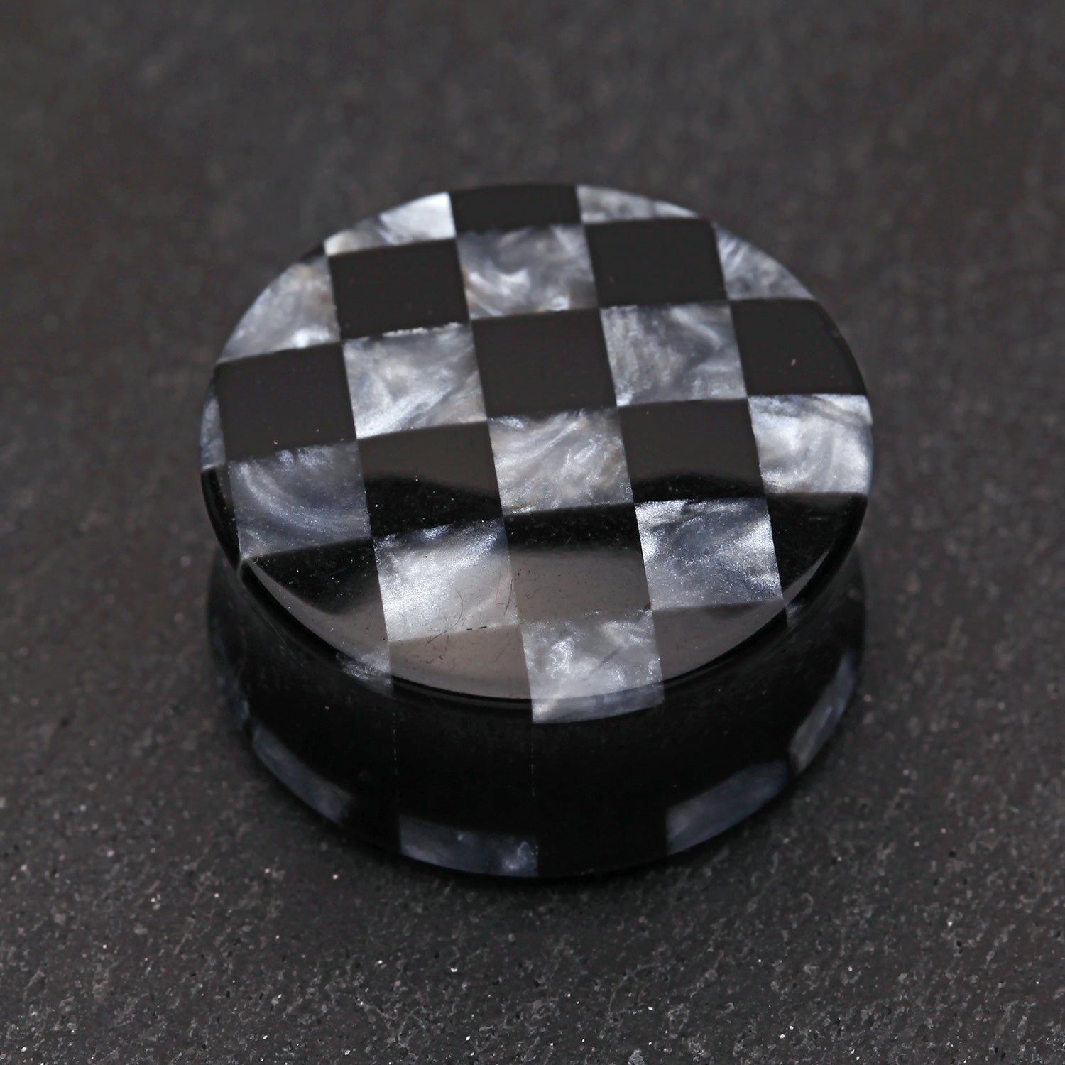 Detail View 1 of A Pair of Marble Checker Double Flared Ear Gauge Plug-Black