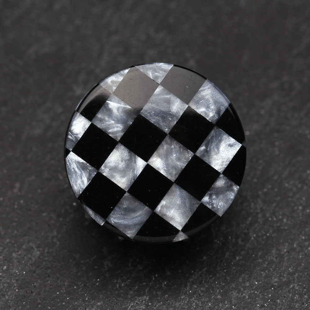 Detail View 2 of A Pair of Marble Checker Double Flared Ear Gauge Plug-Black