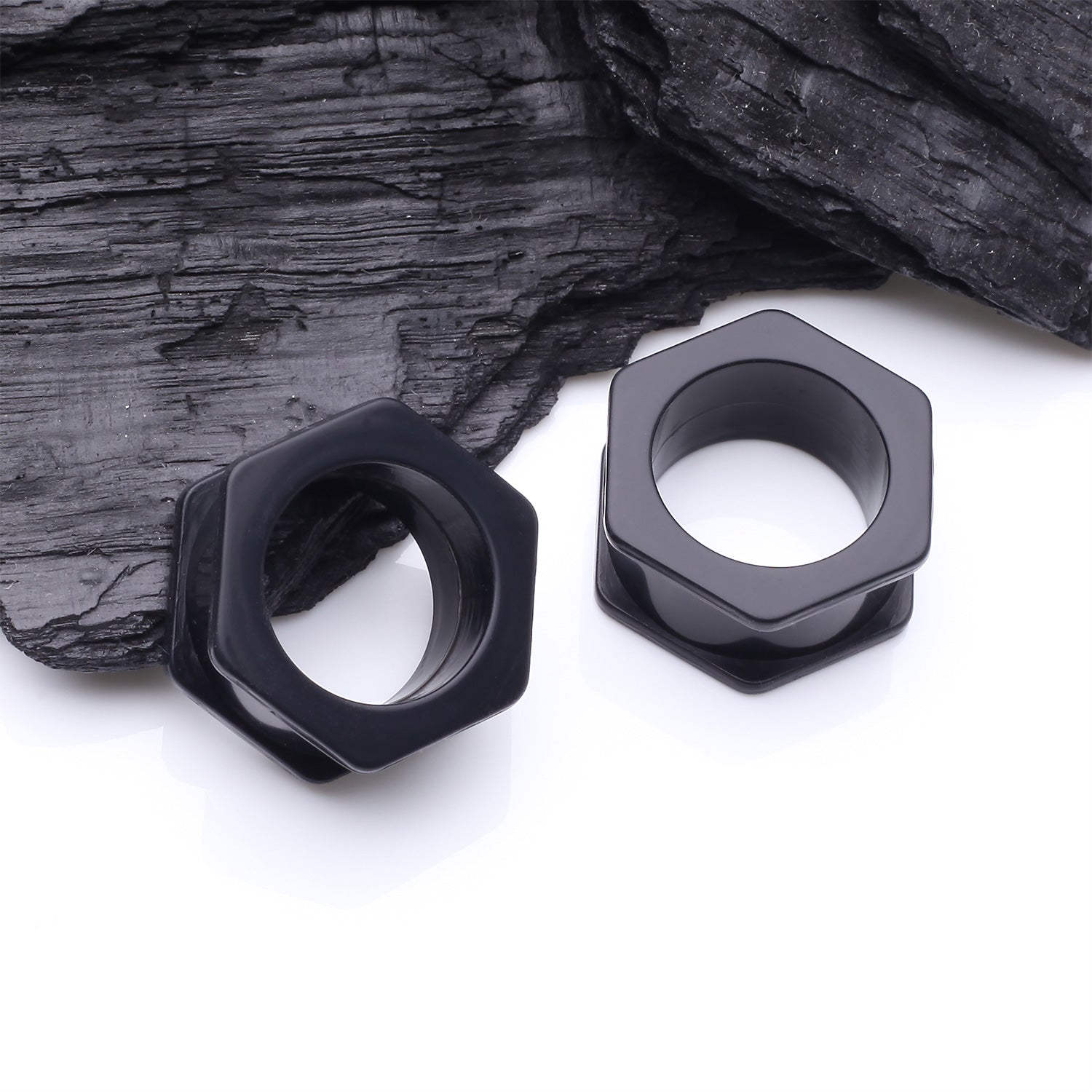 Detail View 1 of A Pair of Hexagon Bolt Flexible Silicone Double Flared Ear Gauge Tunnel Plug-Black
