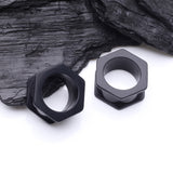 Detail View 1 of A Pair of Hexagon Bolt Flexible Silicone Double Flared Ear Gauge Tunnel Plug-Black
