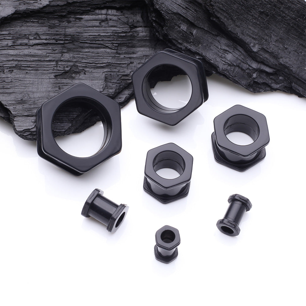 Detail View 2 of A Pair of Hexagon Bolt Flexible Silicone Double Flared Ear Gauge Tunnel Plug-Black