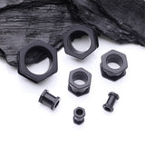 Detail View 2 of A Pair of Hexagon Bolt Flexible Silicone Double Flared Ear Gauge Tunnel Plug-Black