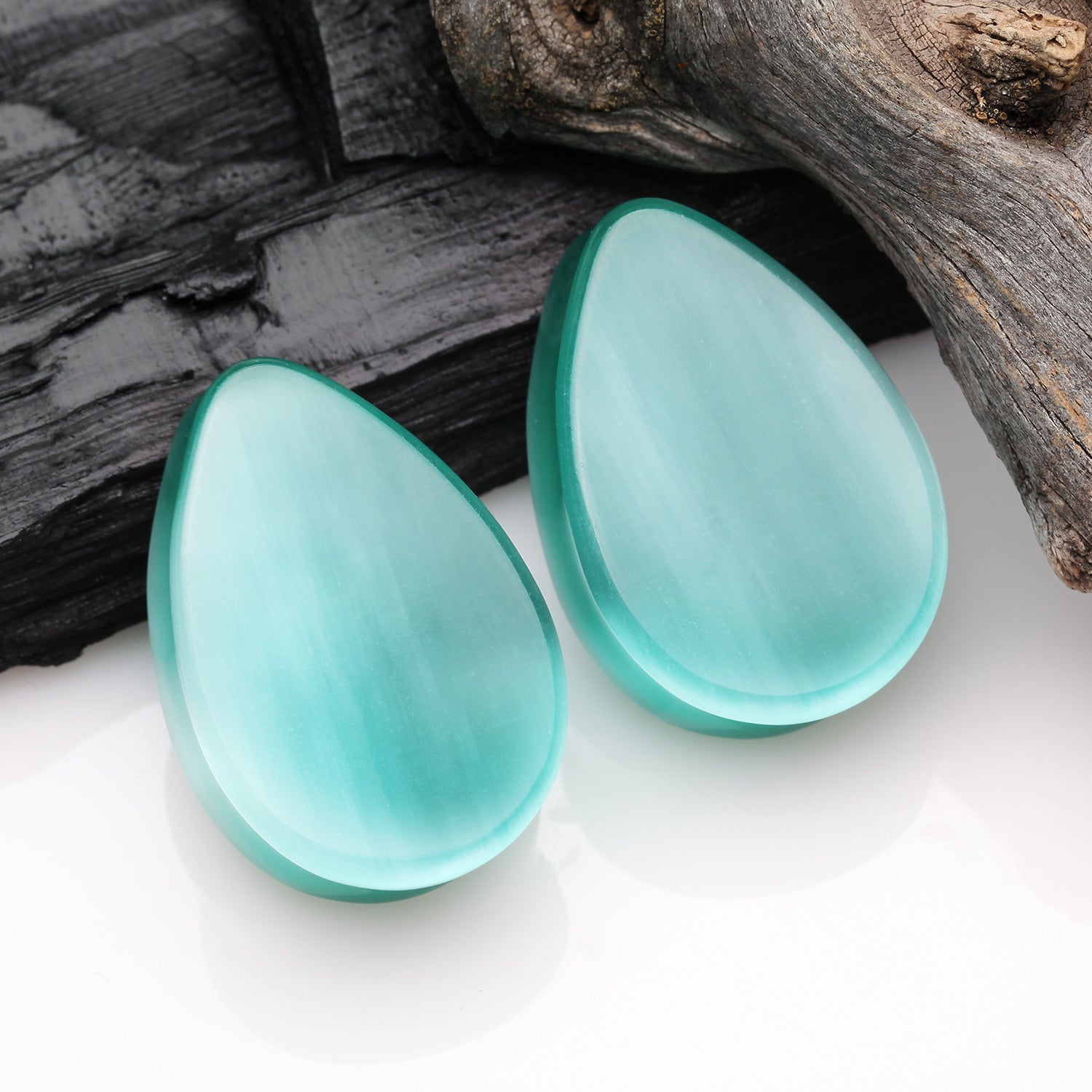 Detail View 1 of A Pair of Mint Cat-Eye Stone Teardrop Double Flared Ear Gauge Plug