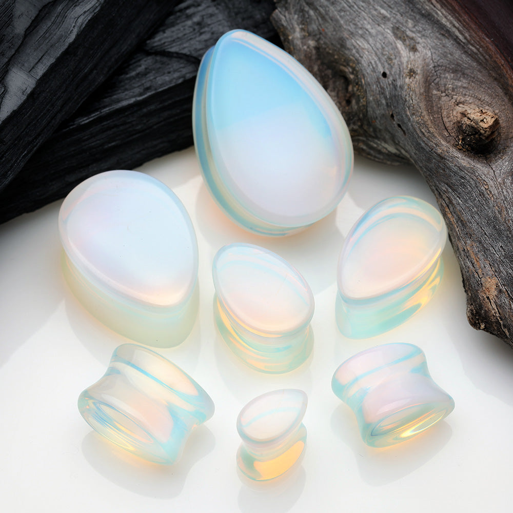 Detail View 2 of A Pair of Opalite Stone Teardrop Double Flared Ear Gauge Plug