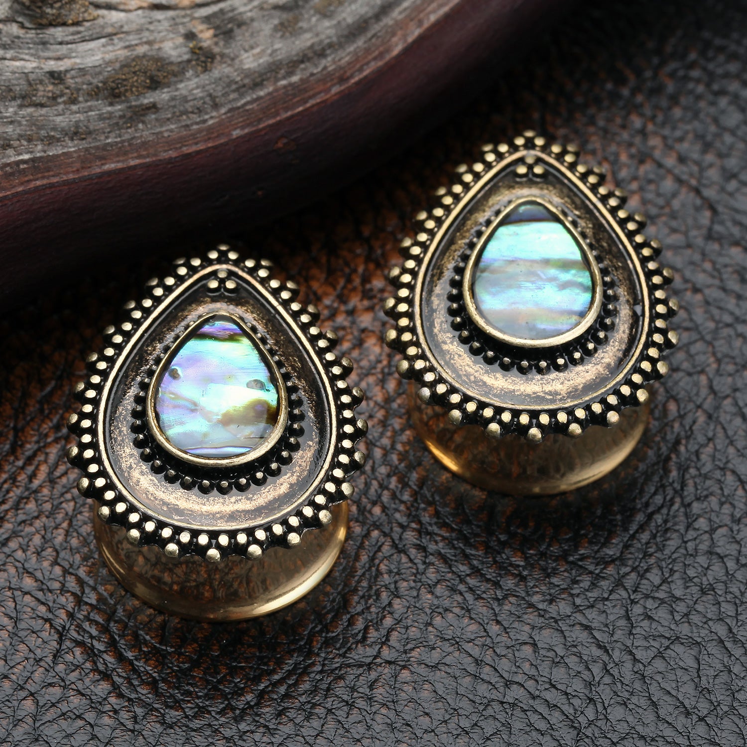 Detail View 1 of A Pair of Golden Vintage Chakra Abalone Ear Gauge Plug-Green