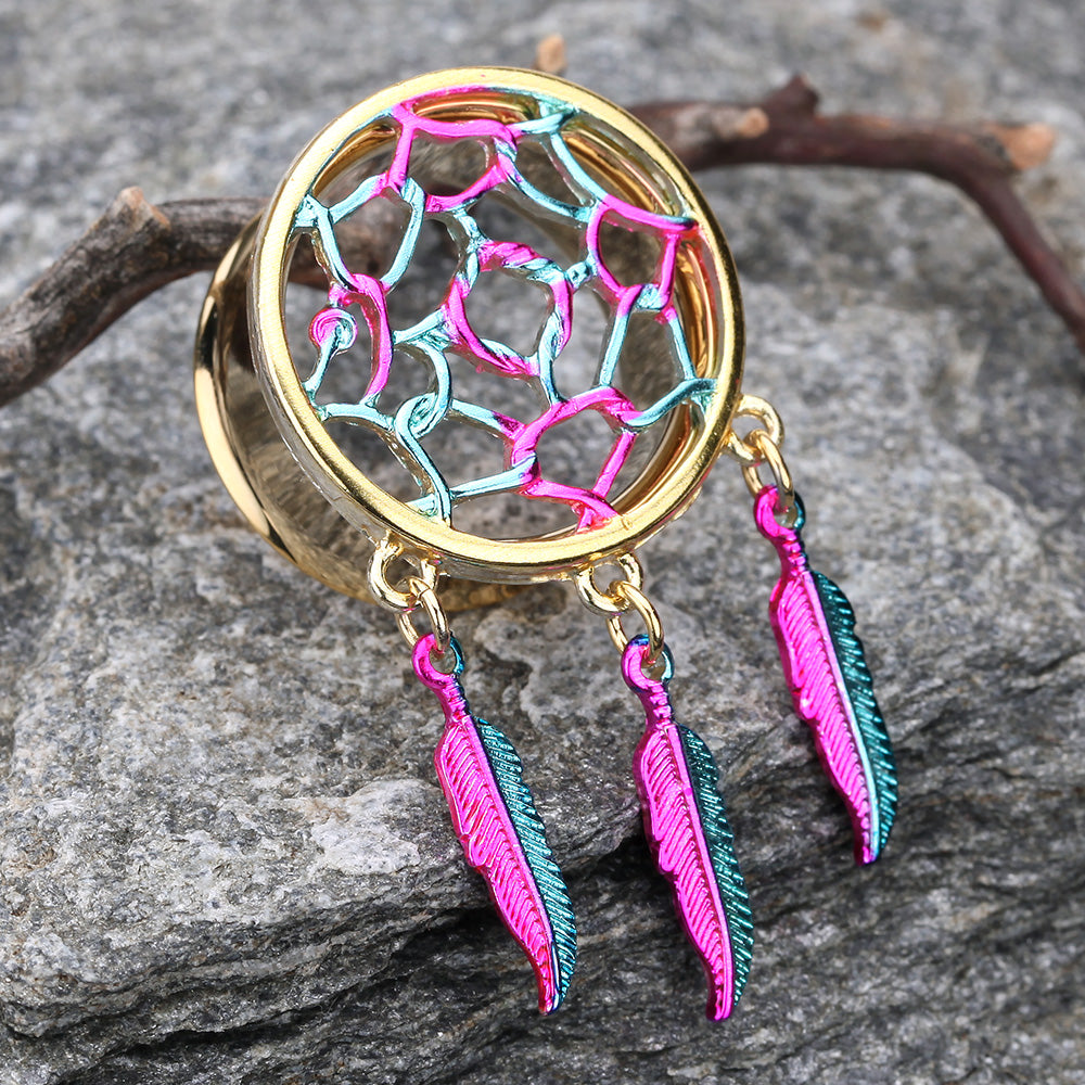 A Pair of Golden Dreamcatcher Feather Dangle Steel Ear Gauge Plug