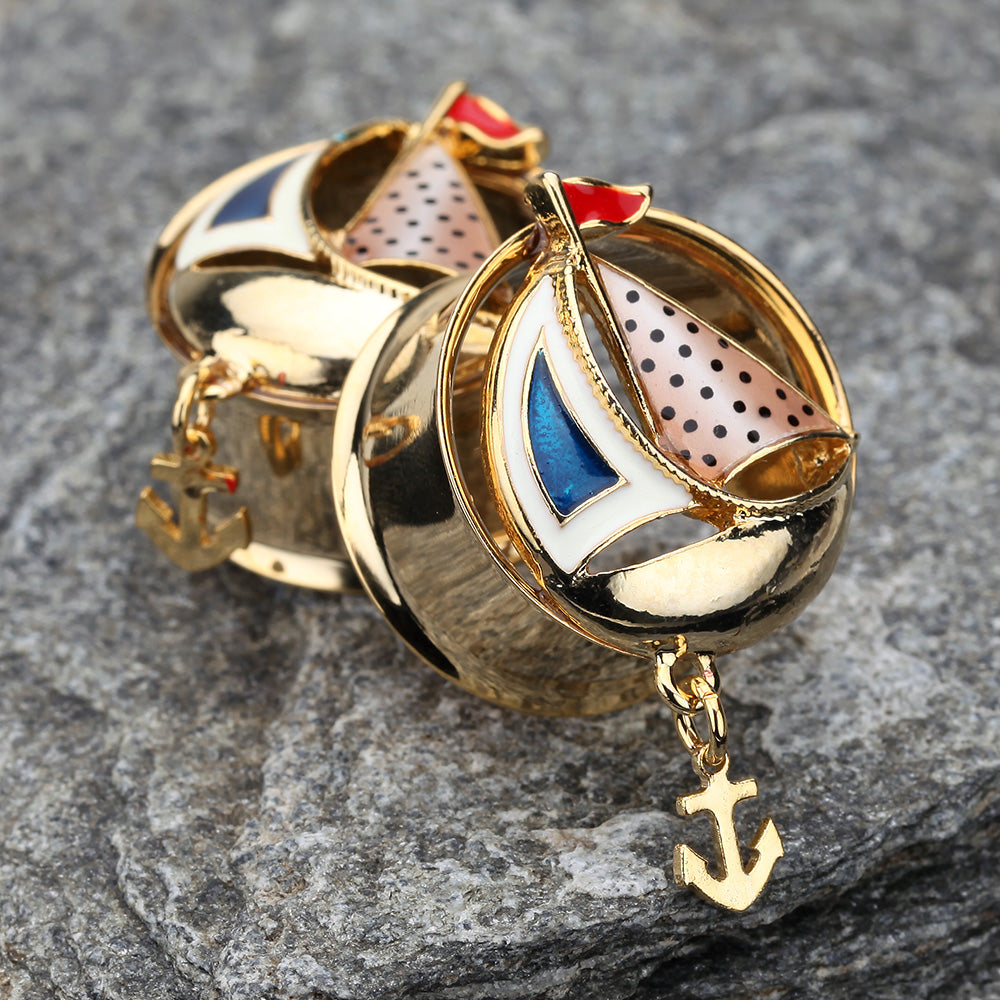 Detail View 2 of A Pair of Golden Sail Boat Anchor Dangle Ear Gauge Plug-Gold