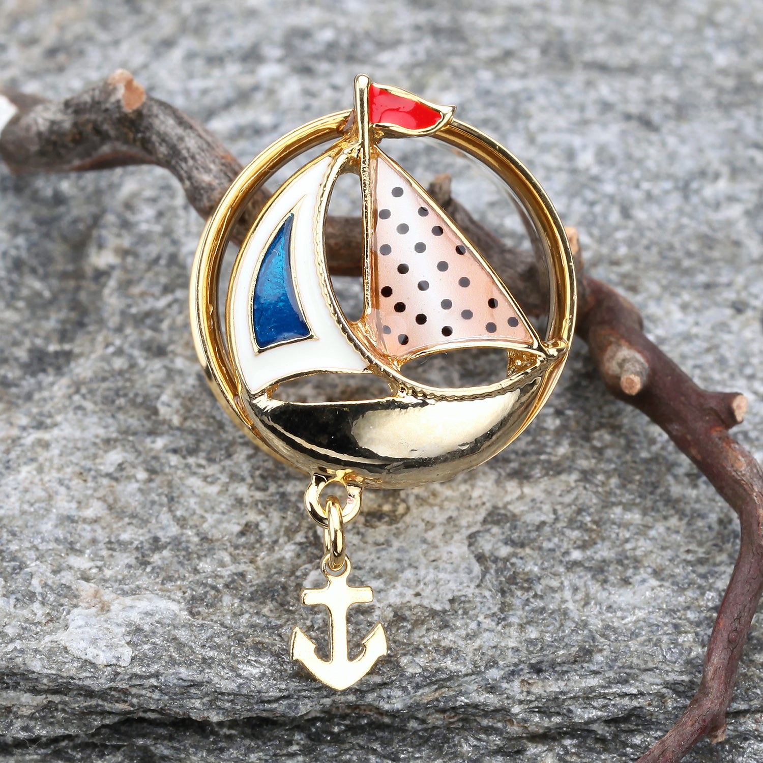 Detail View 1 of A Pair of Golden Sail Boat Anchor Dangle Ear Gauge Plug-Gold