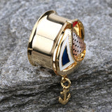 Detail View 3 of A Pair of Golden Sail Boat Anchor Dangle Ear Gauge Plug-Gold