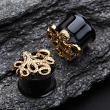 Detail View 2 of A Pair of Golden Evil Octopus Ear Gauge Tunnel Plug-Black/Clear
