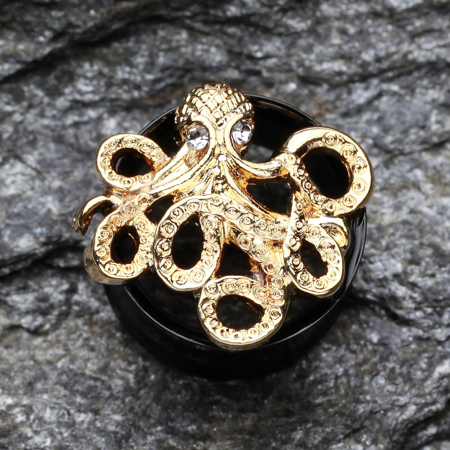 Detail View 1 of A Pair of Golden Evil Octopus Ear Gauge Tunnel Plug-Black/Clear