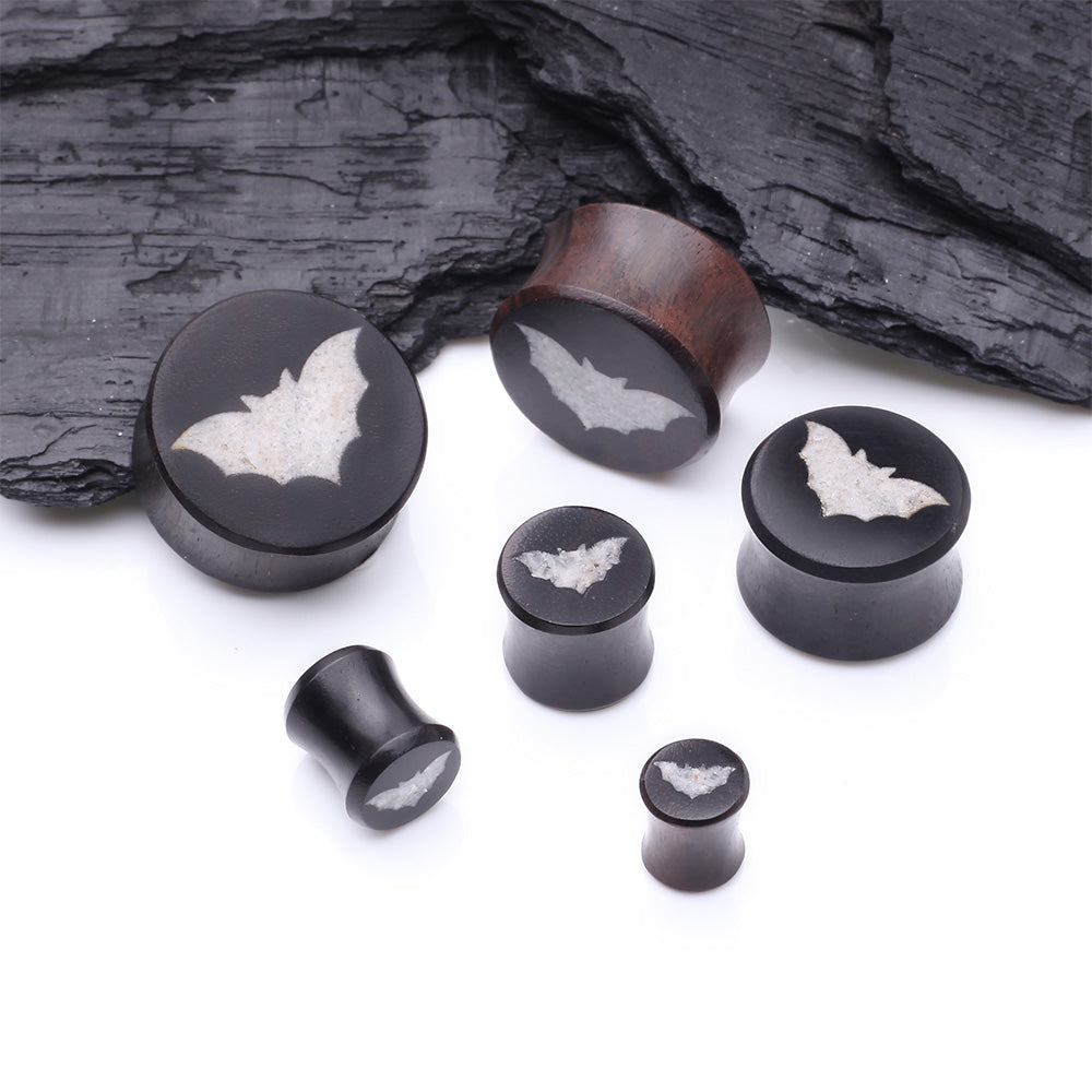 Detail View 2 of A Pair of Crystal Quartz Bat Inlay Ebony Wood Double Flared Ear Gauge Plug