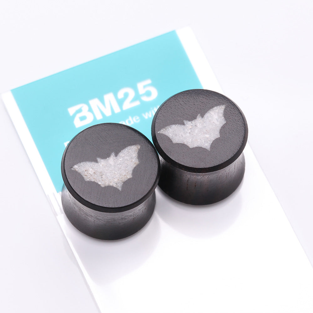 Detail View 3 of A Pair of Crystal Quartz Bat Inlay Ebony Wood Double Flared Ear Gauge Plug