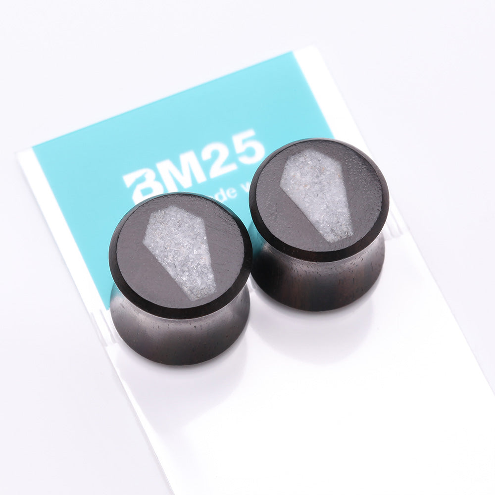 Detail View 3 of A Pair of Crystal Quartz Coffin Inlay Ebony Wood Double Flared Ear Gauge Plug