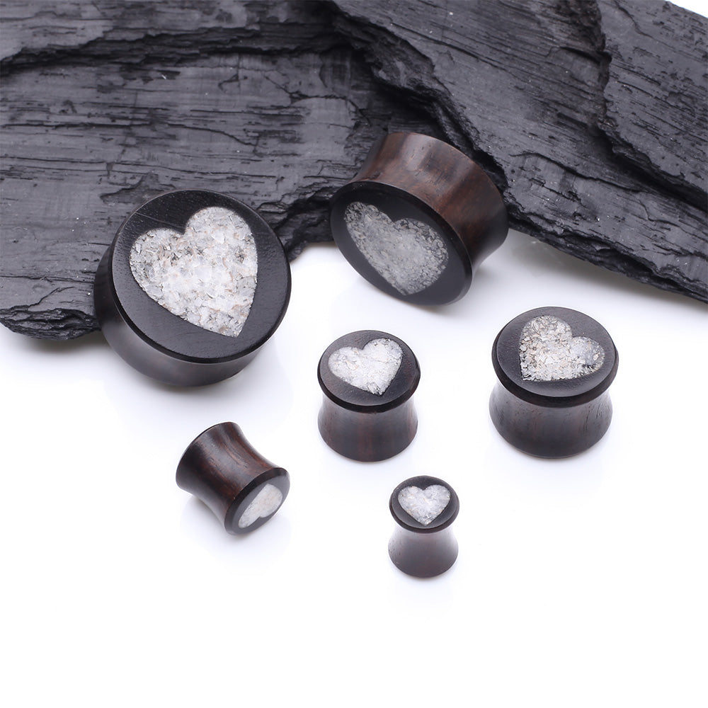 Detail View 2 of A Pair of Crystal Quartz Heart Inlay Ebony Wood Double Flared Ear Gauge Plug