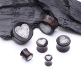Detail View 2 of A Pair of Crystal Quartz Heart Inlay Ebony Wood Double Flared Ear Gauge Plug
