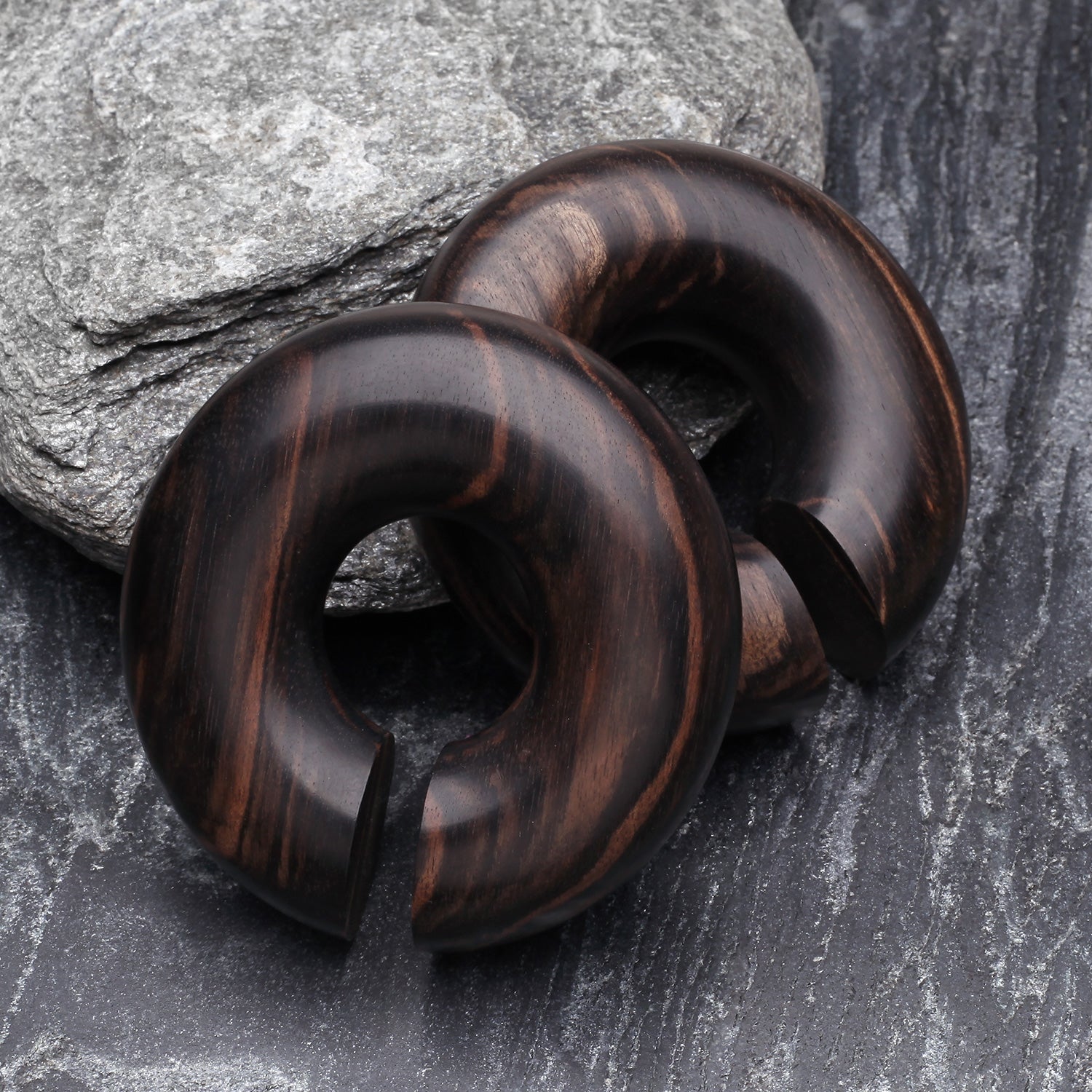 Detail View 1 of A Pair of Tiger Ebony Wood Hoop Hanger Plug-Black